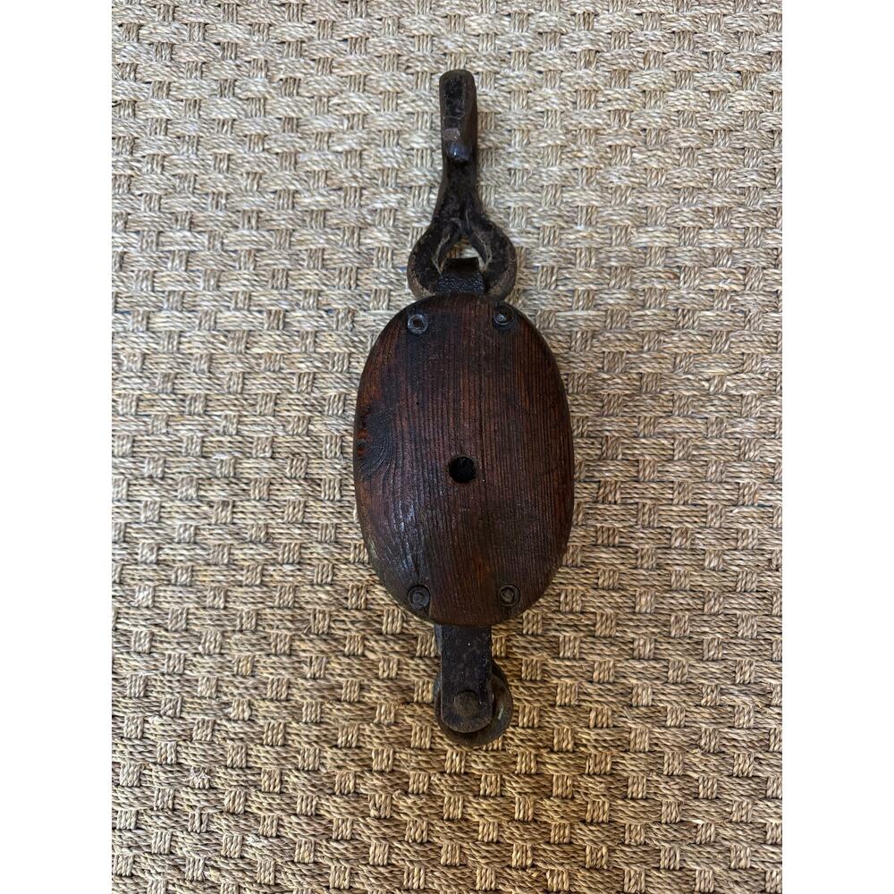 Vintage Wood and Cast Iron Single Drum Block and Tackle Pulley